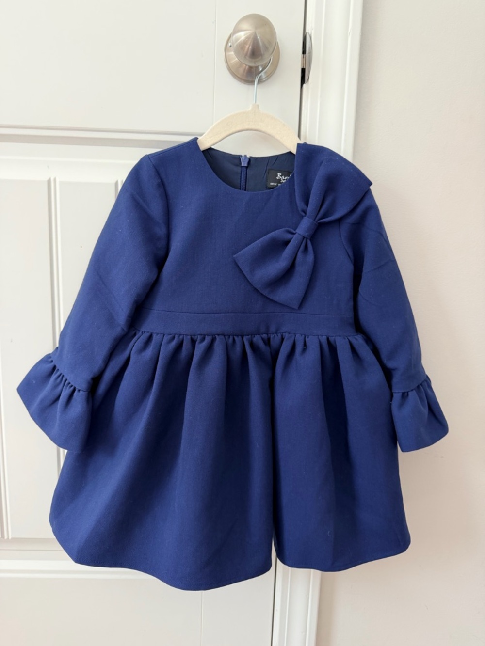 Navy Bow-Accent Long Sleeve Kids Dress